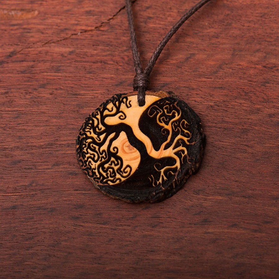 Baum des Lebens Yin Yang Kette Holzschmuck aus Naturholz / Anhänger
