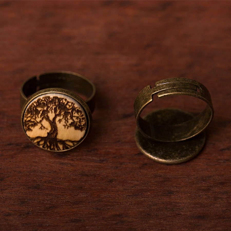 Baum des Lebens 2 Ring Holzschmuck aus Naturholz / Anhänger