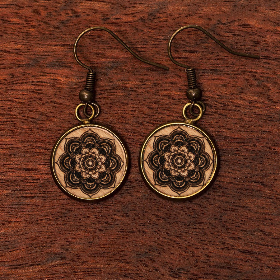 Mandala Blume Ohrringe Holzschmuck aus Naturholz / Anhänger