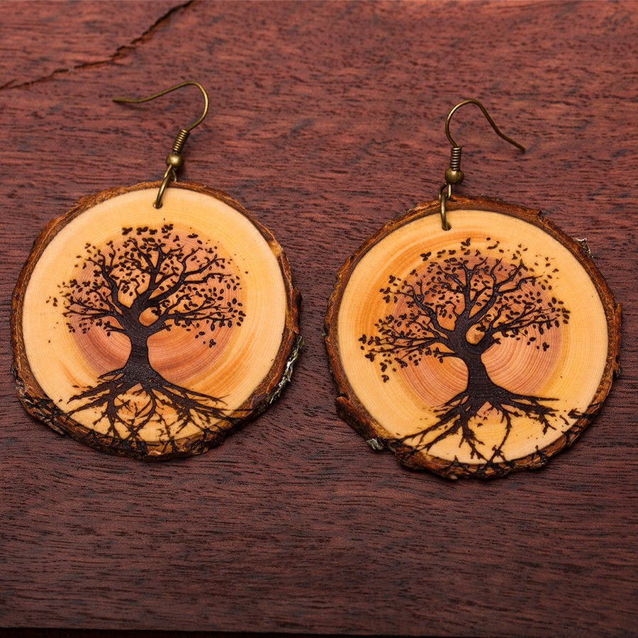 Baum des Lebens Ohrringe Holzschmuck aus Naturholz / Anhänger