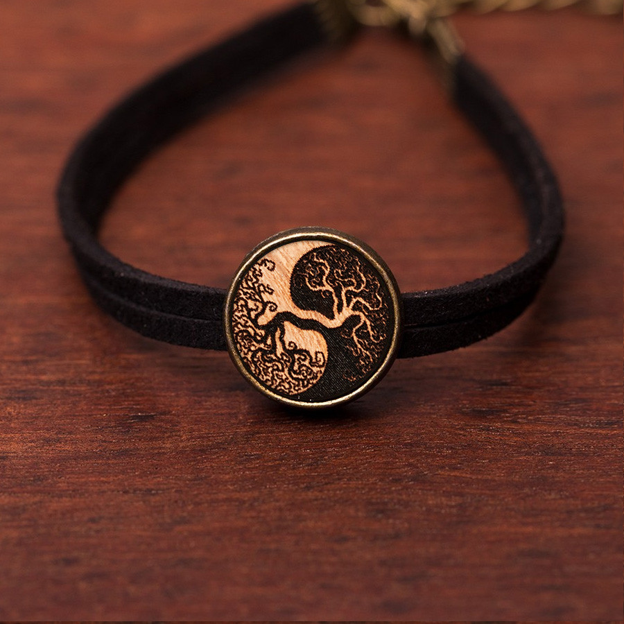 Baum des Lebens Yin Yang Armkette Holzschmuck aus Naturholz / Anhänger