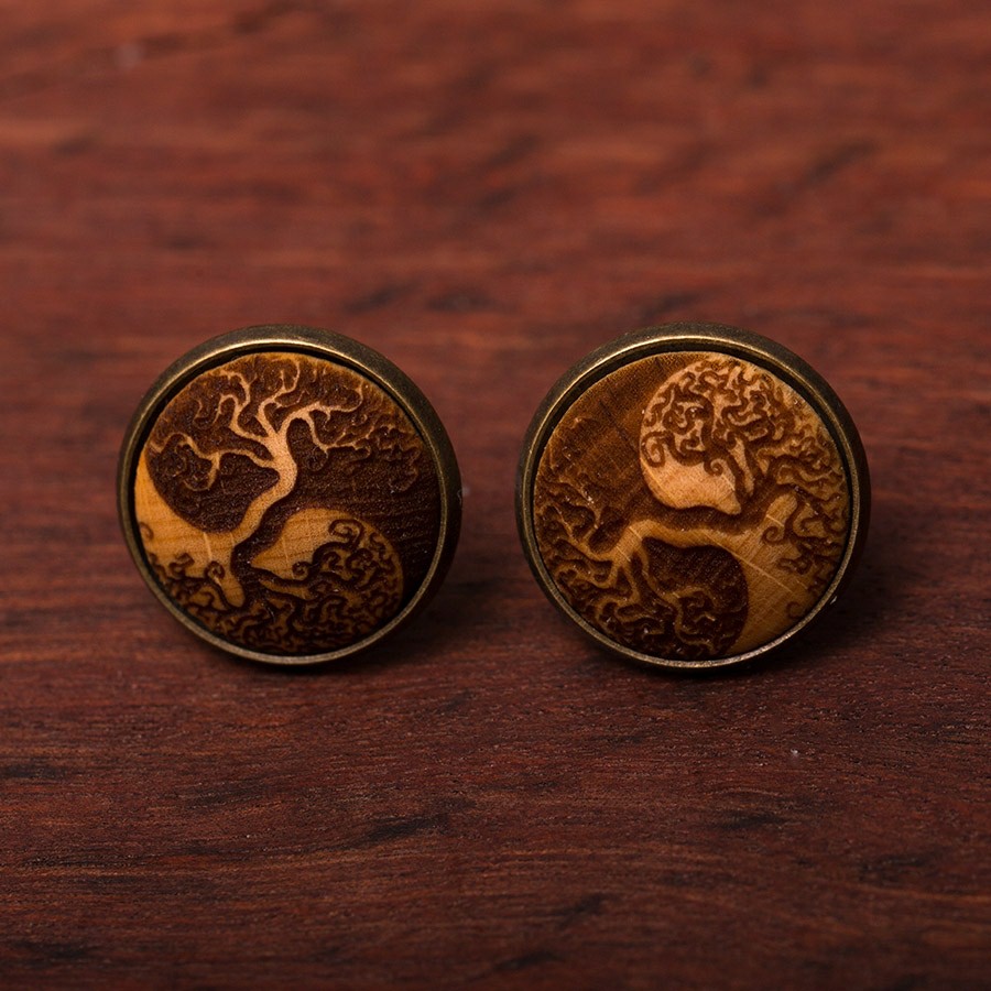 Baum des Lebens Yin Yang Ohrstecker Holzschmuck aus Naturholz / Anhänger